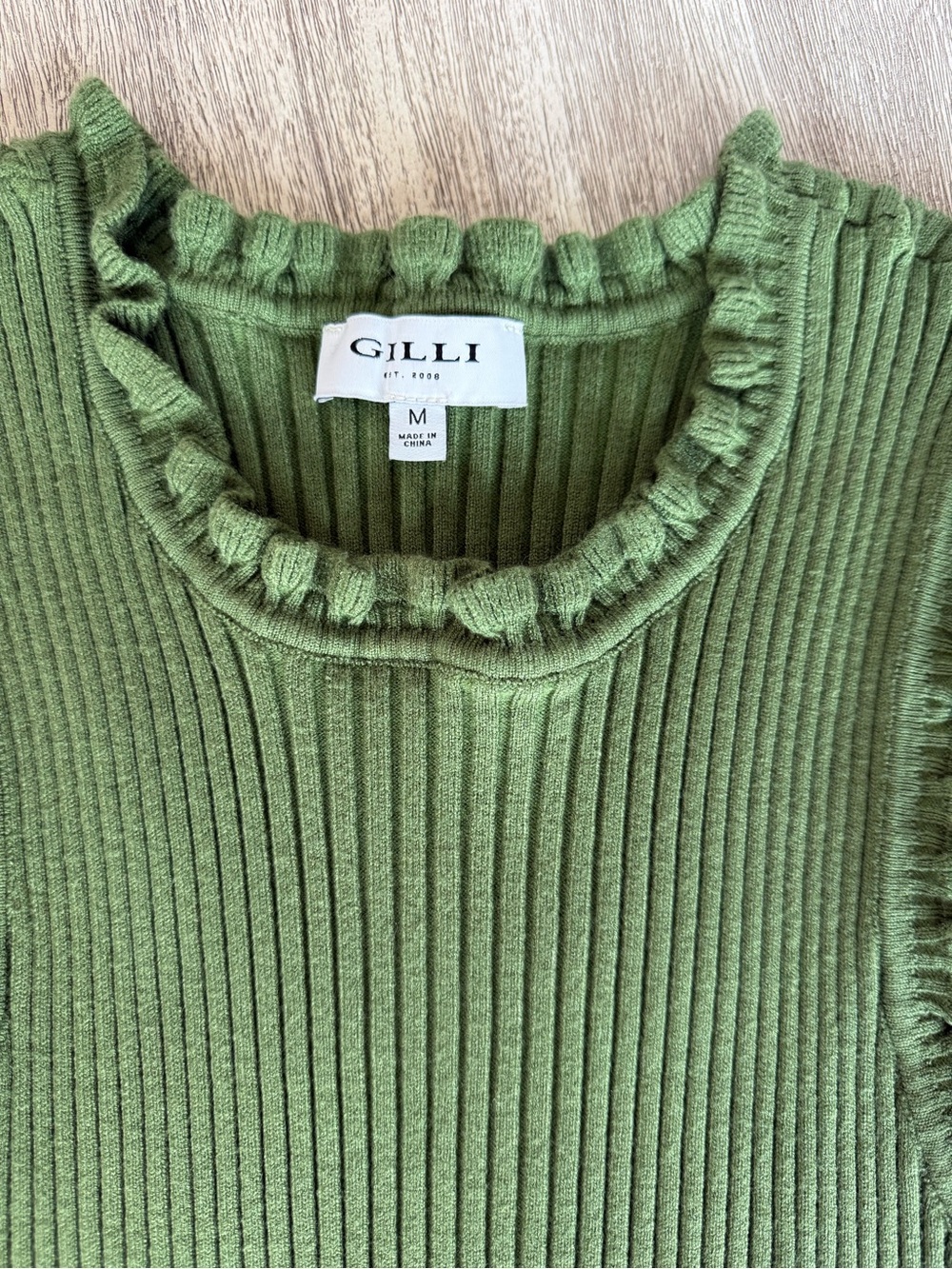 Olive Ribbed Ruffle-Trim Sleeveless Top - Picture 2 of 3